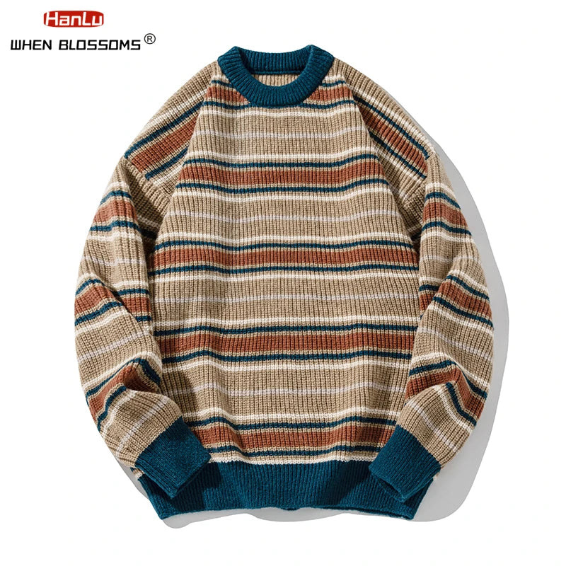 Korean Fashion Vintage Striped Knit Sweater Men Women Pullover Couple knitted Coat Autumn Winter Loose Soft Warm Top streetwear