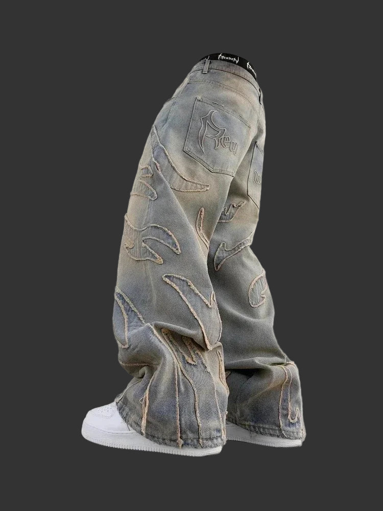Wonkru Y2K High Street Patch Jeans – Baggy Unisex Wide-Leg Denim Pants