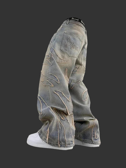 Wonkru Y2K High Street Patch Jeans – Baggy Unisex Wide-Leg Denim Pants