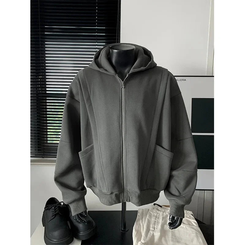 Cleanfit American Style Zipper Hoodie Short Boxy Solid Color Open Cardigan Sweatshirt Loose Fit Men Casual Wear