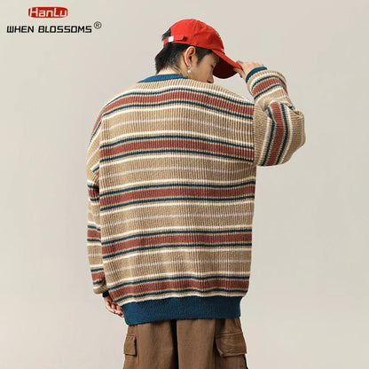 Korean Fashion Vintage Striped Knit Sweater Men Women Pullover Couple knitted Coat Autumn Winter Loose Soft Warm Top streetwear