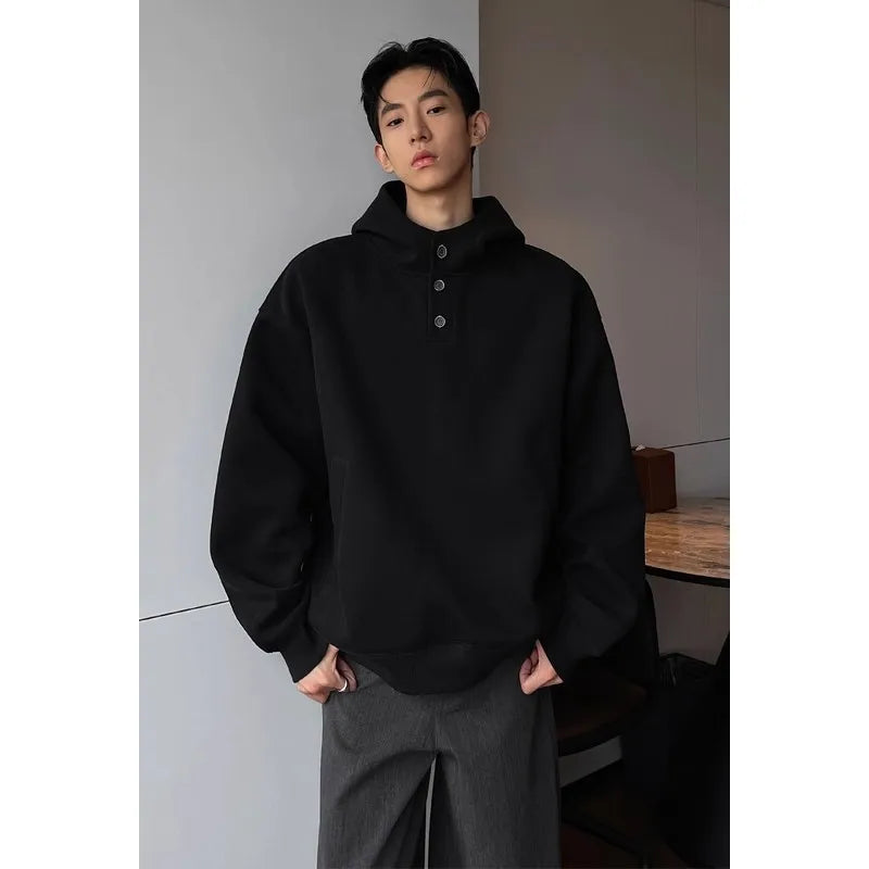 Heavyweight High Collar Button up Hoodie Men's Boxy Fit Casual Outerwear Trendy Brand Structured Loose Top Polyester Blend