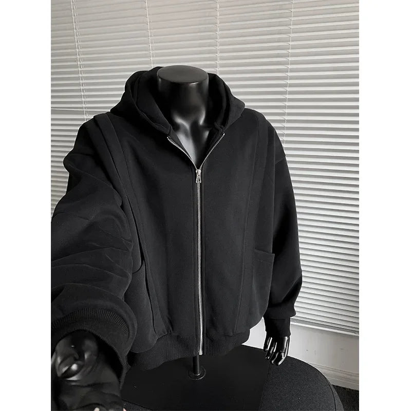 Cleanfit American Style Zipper Hoodie Short Boxy Solid Color Open Cardigan Sweatshirt Loose Fit Men Casual Wear