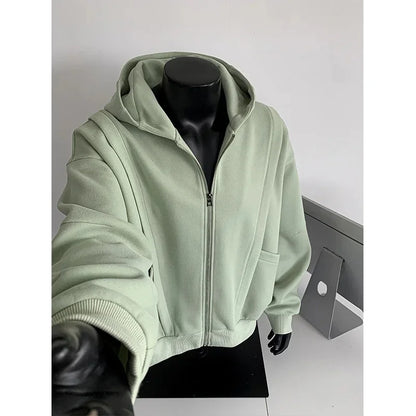 Cleanfit American Style Zipper Hoodie Short Boxy Solid Color Open Cardigan Sweatshirt Loose Fit Men Casual Wear