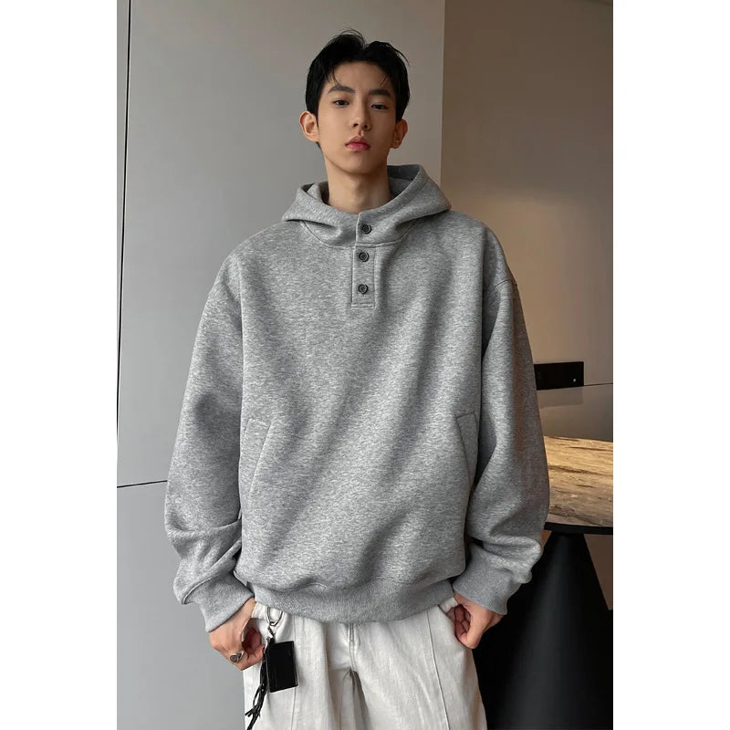 Heavyweight High Collar Button up Hoodie Men's Boxy Fit Casual Outerwear Trendy Brand Structured Loose Top Polyester Blend