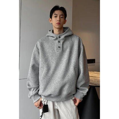 Heavyweight High Collar Button up Hoodie Men's Boxy Fit Casual Outerwear Trendy Brand Structured Loose Top Polyester Blend