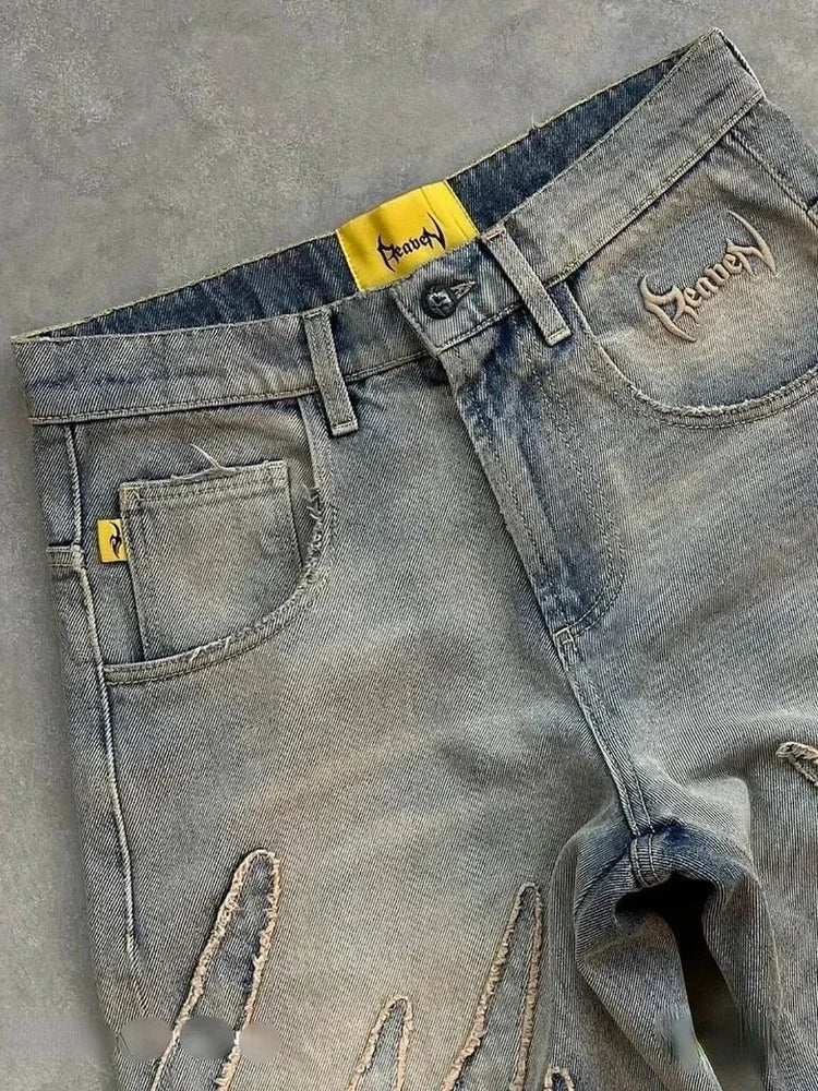 Wonkru Y2K High Street Patch Jeans – Baggy Unisex Wide-Leg Denim Pants