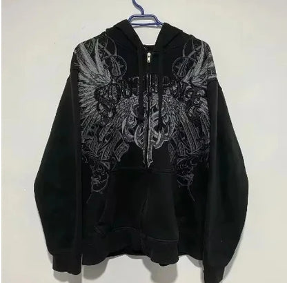 Y2K New Zipper Hoodie Men American Retro Washed Letter Printed Sportswear High Street Gothic Fashion Loose Top Unisex Clothing
