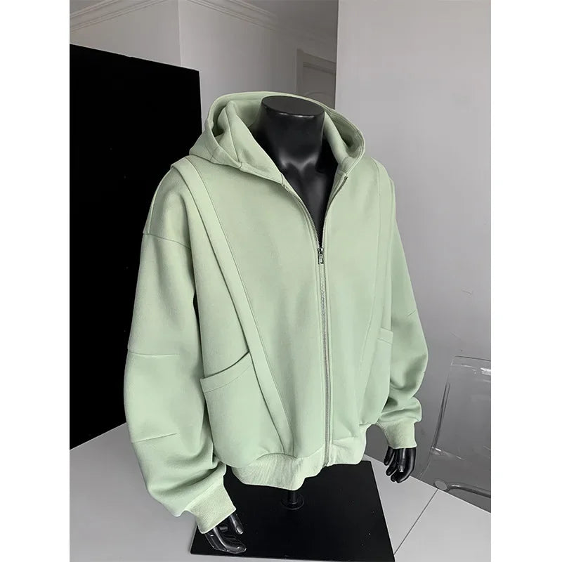Cleanfit American Style Zipper Hoodie Short Boxy Solid Color Open Cardigan Sweatshirt Loose Fit Men Casual Wear