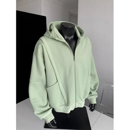 Cleanfit American Style Zipper Hoodie Short Boxy Solid Color Open Cardigan Sweatshirt Loose Fit Men Casual Wear