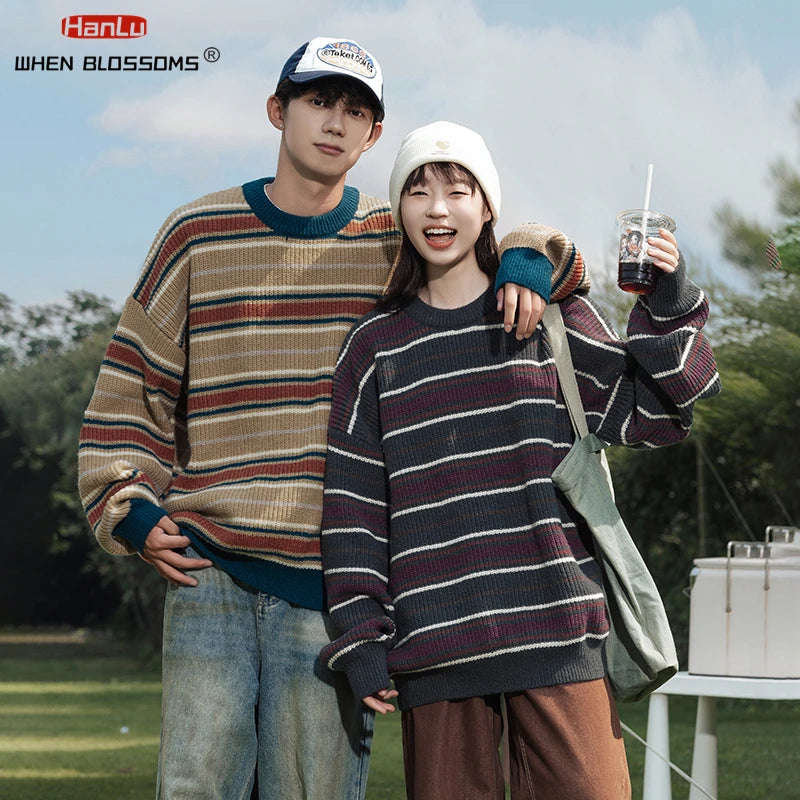 Korean Fashion Vintage Striped Knit Sweater Men Women Pullover Couple knitted Coat Autumn Winter Loose Soft Warm Top streetwear