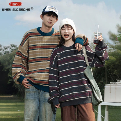 Korean Fashion Vintage Striped Knit Sweater Men Women Pullover Couple knitted Coat Autumn Winter Loose Soft Warm Top streetwear