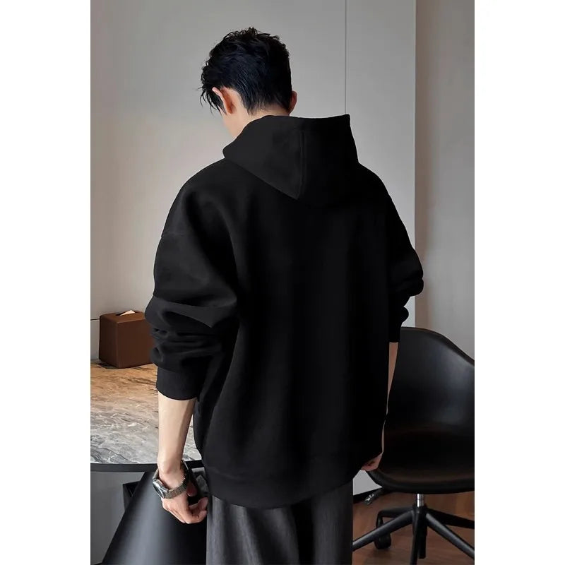 Heavyweight High Collar Button up Hoodie Men's Boxy Fit Casual Outerwear Trendy Brand Structured Loose Top Polyester Blend