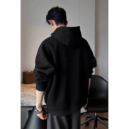 Heavyweight High Collar Button up Hoodie Men's Boxy Fit Casual Outerwear Trendy Brand Structured Loose Top Polyester Blend