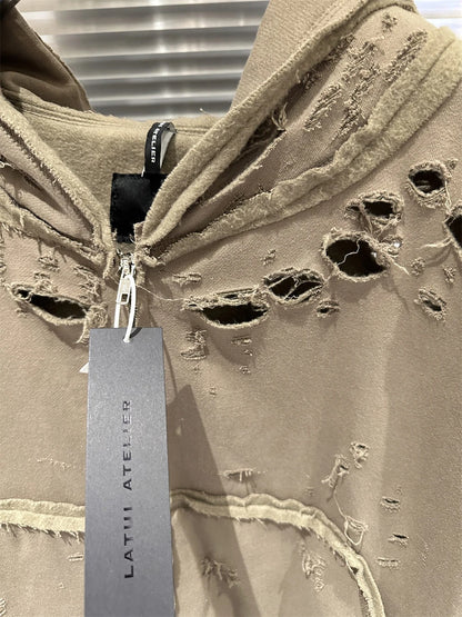 Destroy The Hole Nice Washed Apricot Hoodie Hooded Men Women Oversized Heavy Fabric Unisex Vintage Coats Pullover