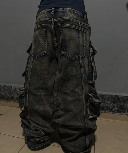 Y2K New Fashion Washed Multi-pocket Old Baggy Tooling Jeans Men Vintage Hip-hop Straight Casual Punk High Waist Wide Leg Pants