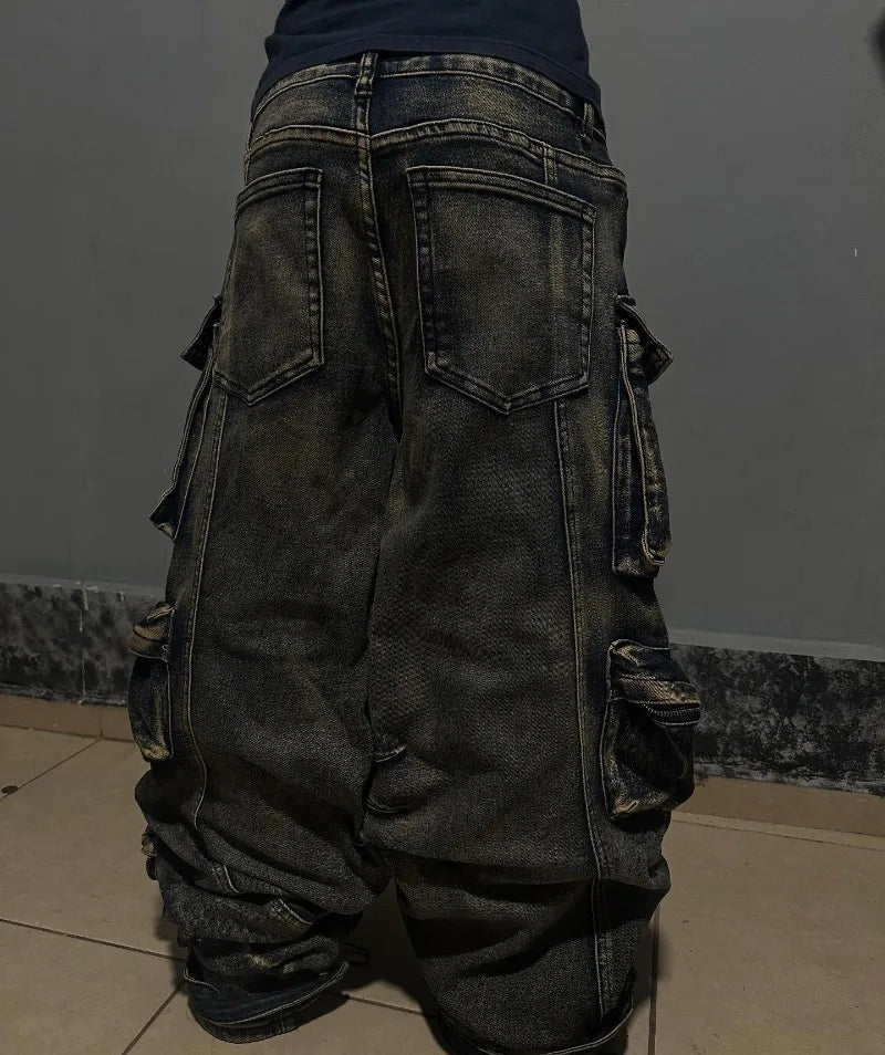 Y2K New Fashion Washed Multi-pocket Old Baggy Tooling Jeans Men Vintage Hip-hop Straight Casual Punk High Waist Wide Leg Pants