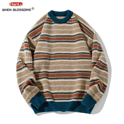 Korean Fashion Vintage Striped Knit Sweater Men Women Pullover Couple knitted Coat Autumn Winter Loose Soft Warm Top streetwear