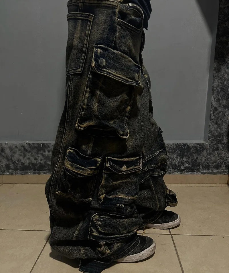 Y2K New Fashion Washed Multi-pocket Old Baggy Tooling Jeans Men Vintage Hip-hop Straight Casual Punk High Waist Wide Leg Pants