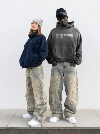 Wonkru Y2K High Street Patch Jeans – Baggy Unisex Wide-Leg Denim Pants