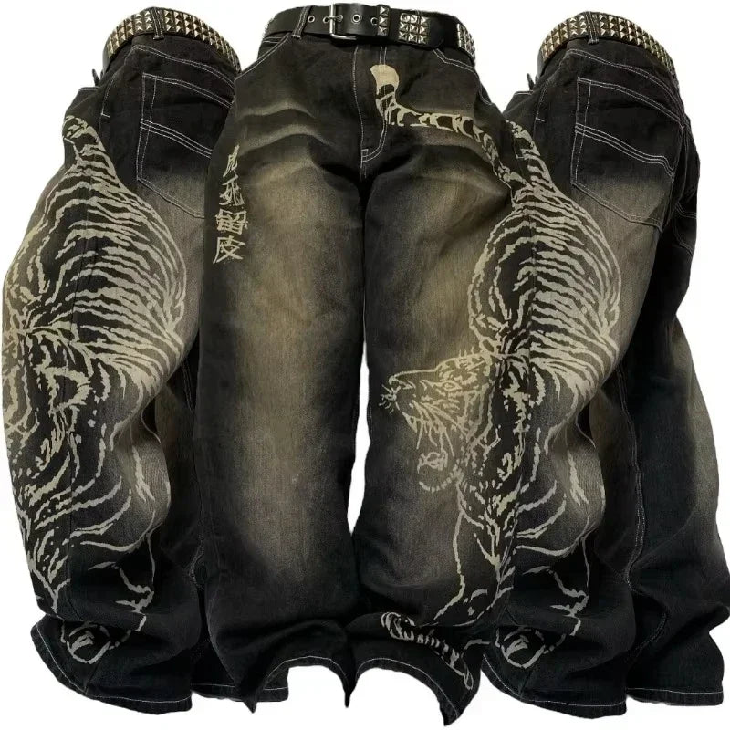 Y2K New Fashion Washed Multi-pocket Old Baggy Tooling Jeans Men Vintage Hip-hop Straight Casual Punk High Waist Wide Leg Pants