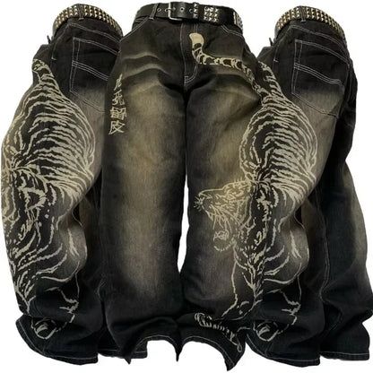 Y2K New Fashion Washed Multi-pocket Old Baggy Tooling Jeans Men Vintage Hip-hop Straight Casual Punk High Waist Wide Leg Pants