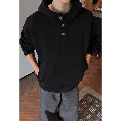 Heavyweight High Collar Button up Hoodie Men's Boxy Fit Casual Outerwear Trendy Brand Structured Loose Top Polyester Blend