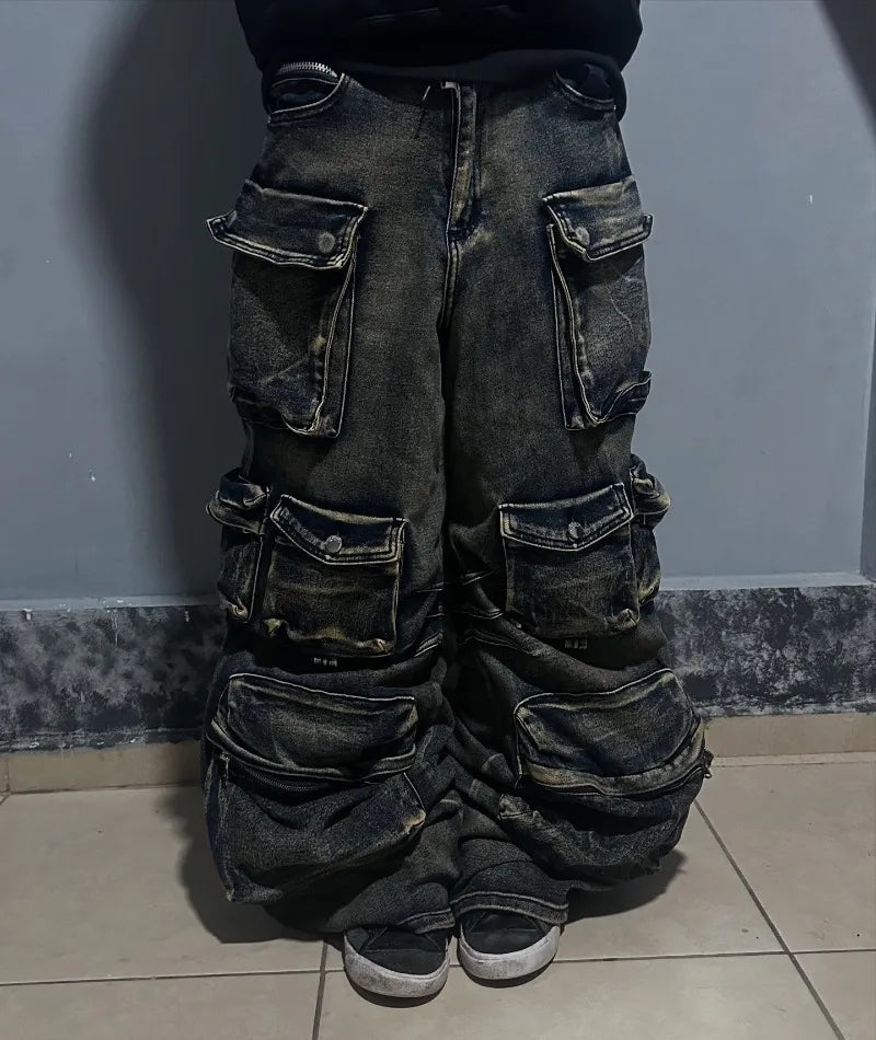 Y2K New Fashion Washed Multi-pocket Old Baggy Tooling Jeans Men Vintage Hip-hop Straight Casual Punk High Waist Wide Leg Pants