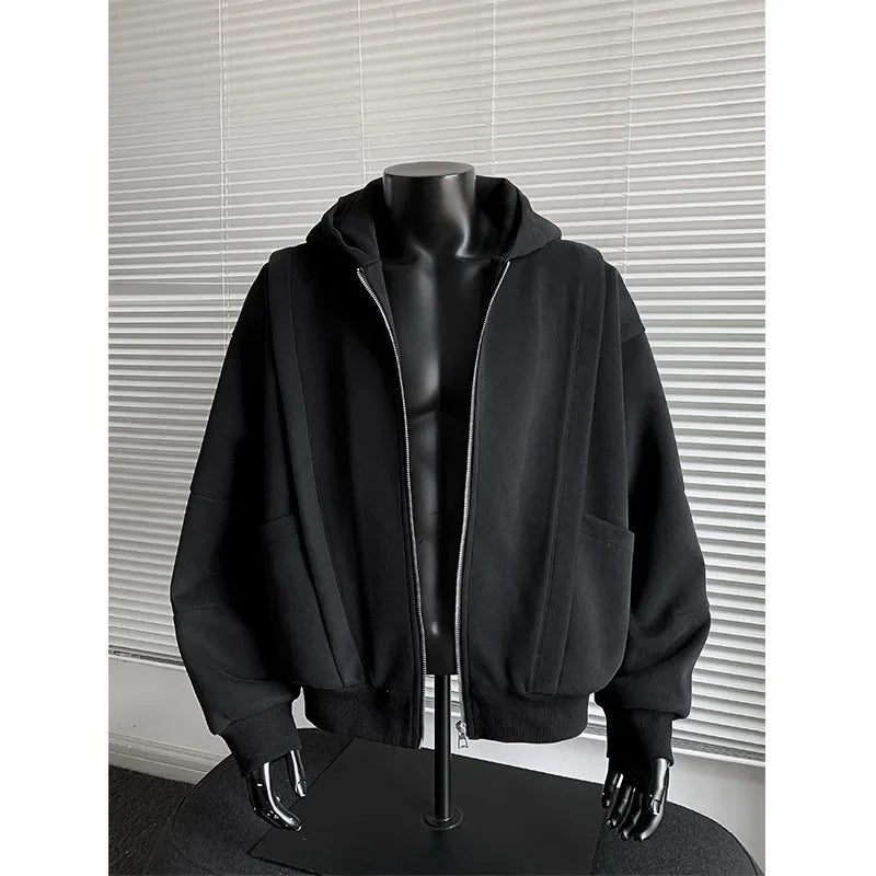 Cleanfit American Style Zipper Hoodie Short Boxy Solid Color Open Cardigan Sweatshirt Loose Fit Men Casual Wear