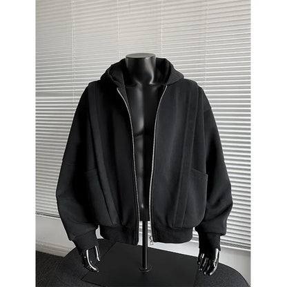 Cleanfit American Style Zipper Hoodie Short Boxy Solid Color Open Cardigan Sweatshirt Loose Fit Men Casual Wear