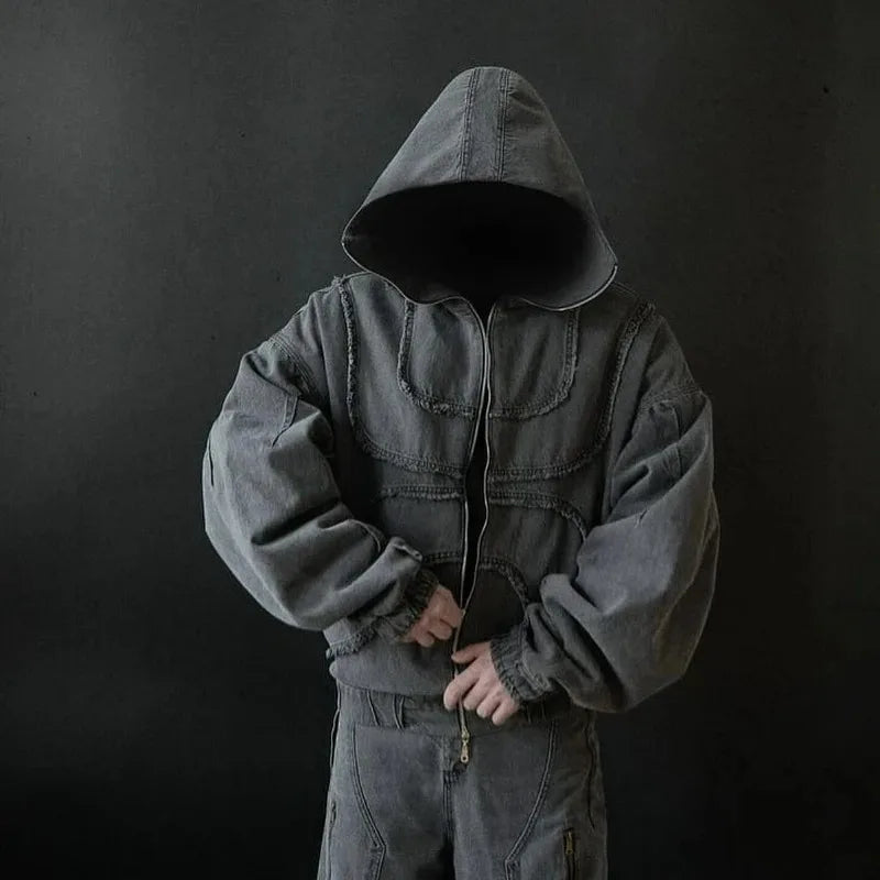 Wonkru Y2K Washed Denim Jacket – Double Zipper Street Style