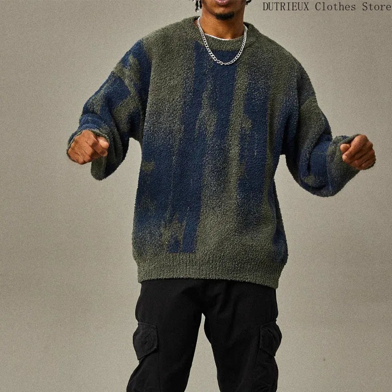 Autumn & Winter New Loose Men's Sweater Knit Base Shirt Men's Match Color Striped Sweater Street Fashion Casual Knitwear T-shirt