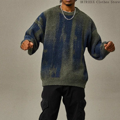 Autumn & Winter New Loose Men's Sweater Knit Base Shirt Men's Match Color Striped Sweater Street Fashion Casual Knitwear T-shirt