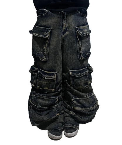 Y2K New Fashion Washed Multi-pocket Old Baggy Tooling Jeans Men Vintage Hip-hop Straight Casual Punk High Waist Wide Leg Pants