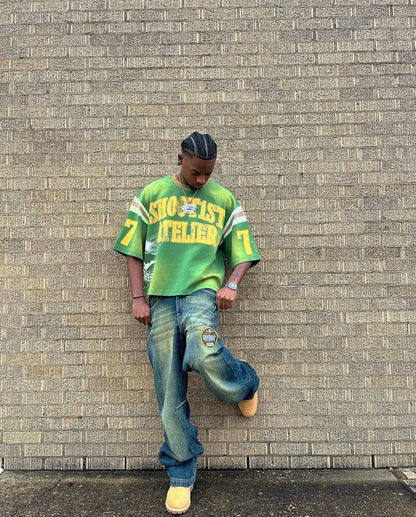 “American Retro Spliced Tee – Casual Summer Y2K Street Fashion”