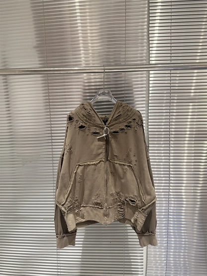 Vintage Destroyed Apricot Hoodie – Oversized Heavy Fabric Streetwear Unisex Pullover"