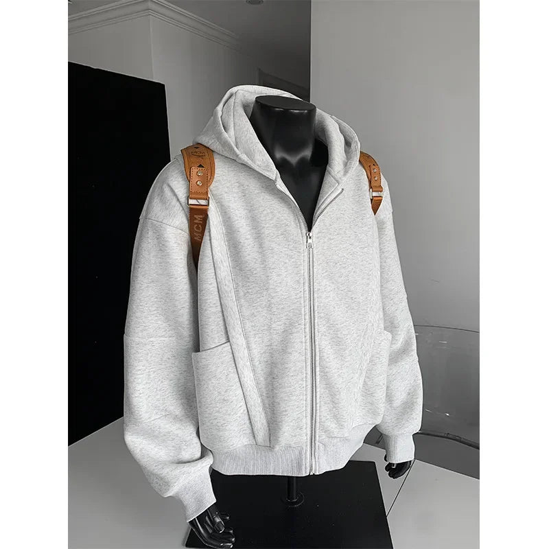 Cleanfit American Style Zipper Hoodie Short Boxy Solid Color Open Cardigan Sweatshirt Loose Fit Men Casual Wear