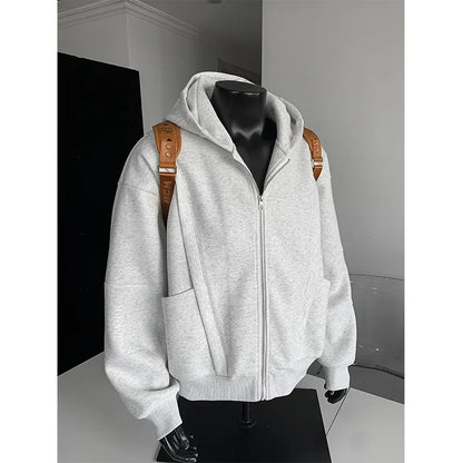 Cleanfit American Style Zipper Hoodie Short Boxy Solid Color Open Cardigan Sweatshirt Loose Fit Men Casual Wear
