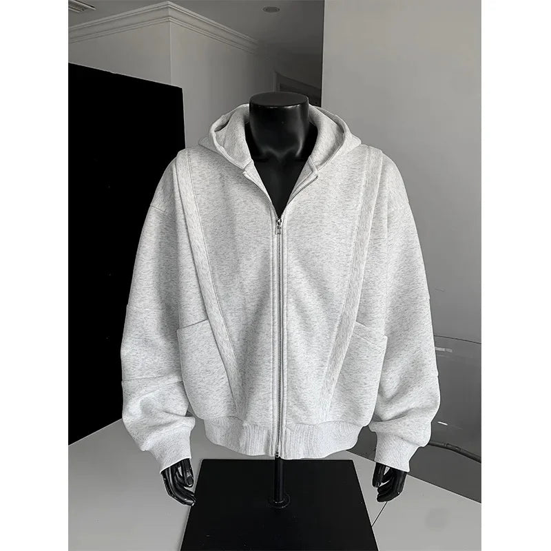 Cleanfit American Style Zipper Hoodie Short Boxy Solid Color Open Cardigan Sweatshirt Loose Fit Men Casual Wear