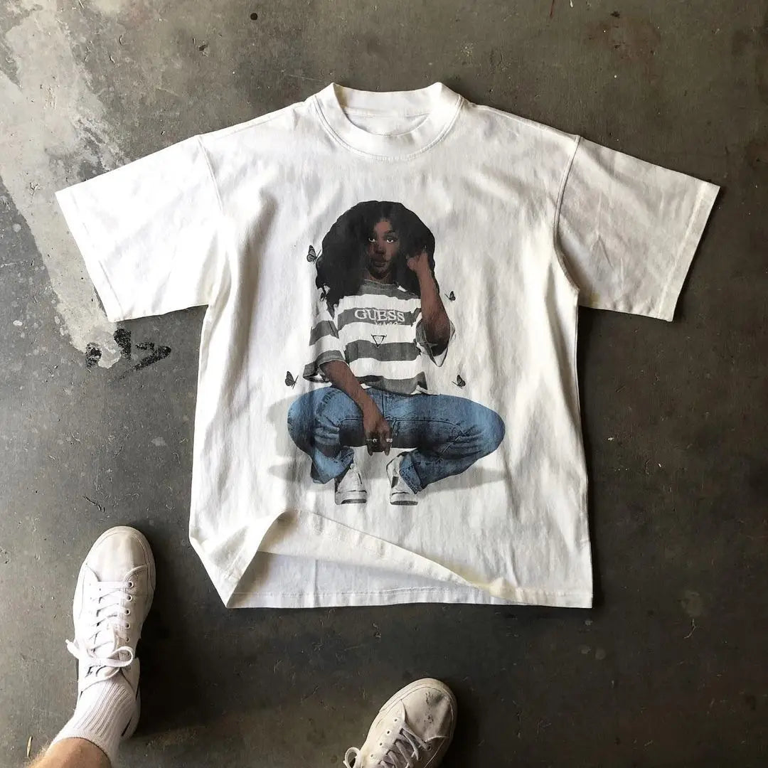 American Hip-hop Character Pattern Printed T-shirt Casual Fashion Oversized T-shirt Harajuku Gothic Retro Tshirts Unisex Y2k Top