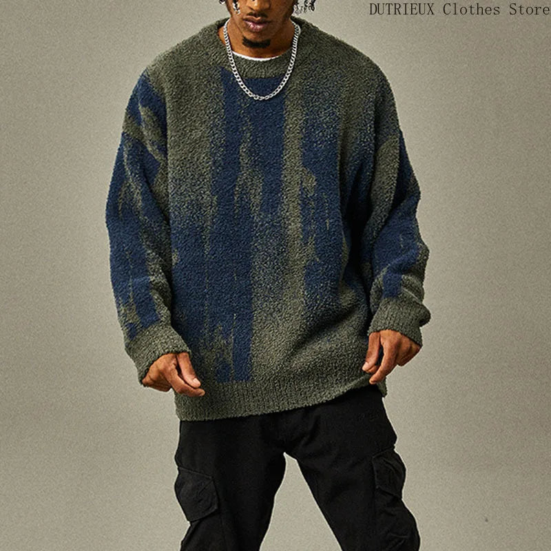 Autumn & Winter New Loose Men's Sweater Knit Base Shirt Men's Match Color Striped Sweater Street Fashion Casual Knitwear T-shirt