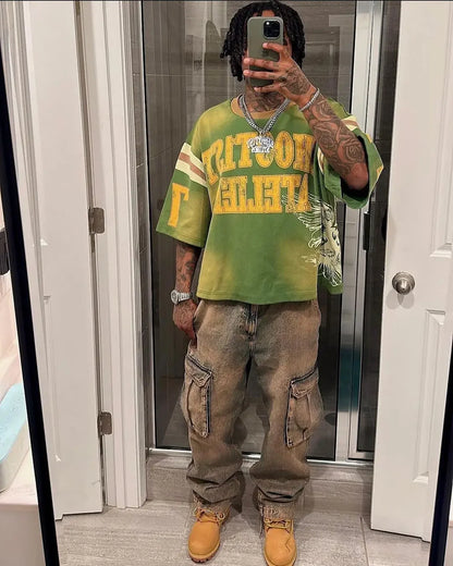 “American Retro Spliced Tee – Casual Summer Y2K Street Fashion”