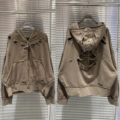 Destroy The Hole Nice Washed Apricot Hoodie Hooded Men Women Oversized Heavy Fabric Unisex Vintage Coats Pullover