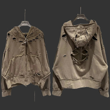 Vintage Destroyed Apricot Hoodie – Oversized Heavy Fabric Streetwear Unisex Pullover"