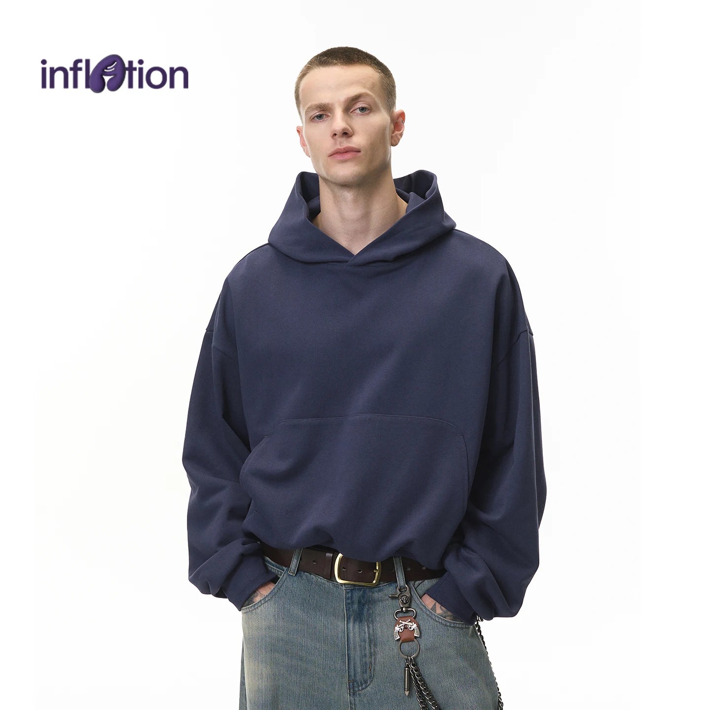 INFLATION 2025 Autumn Dragon Scale Hoodie Boxy Cropped 380GSM Oversized Pocket Sweatshirt Streetwear Men's Long Sleeve