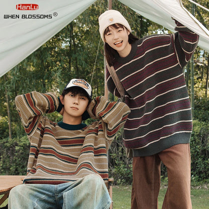 Korean Fashion Vintage Striped Knit Sweater Men Women Pullover Couple knitted Coat Autumn Winter Loose Soft Warm Top streetwear