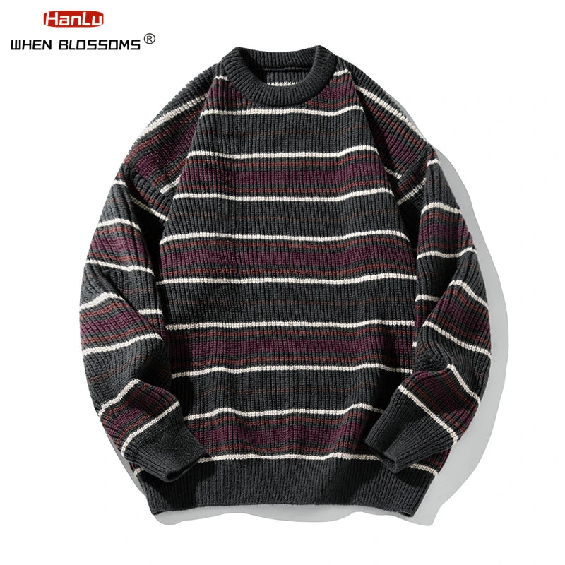 Korean Fashion Vintage Striped Knit Sweater Men Women Pullover Couple knitted Coat Autumn Winter Loose Soft Warm Top streetwear