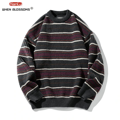 Korean Fashion Vintage Striped Knit Sweater Men Women Pullover Couple knitted Coat Autumn Winter Loose Soft Warm Top streetwear