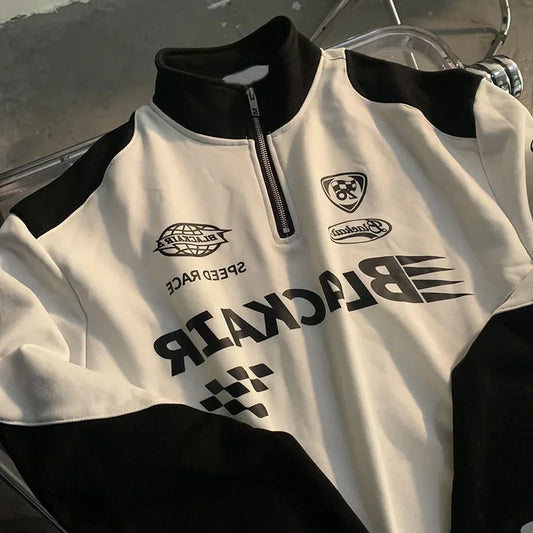 Original American Style Vintage Half-zip Racing Sweatshirt For Men Women Trendy Brand European American Street Motorcycle Jacket