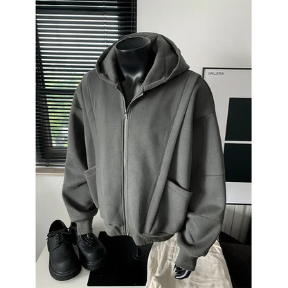 Cleanfit American Style Zipper Hoodie Short Boxy Solid Color Open Cardigan Sweatshirt Loose Fit Men Casual Wear